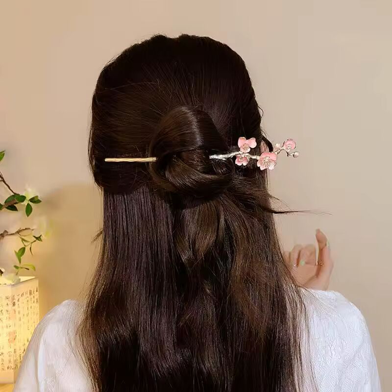 Fashion Pink Flower Hair Sticks for Women Girls Sweet Metal Dripping Oil Plum Blossom Hairpin Hanfu Headwear Hair Accessories