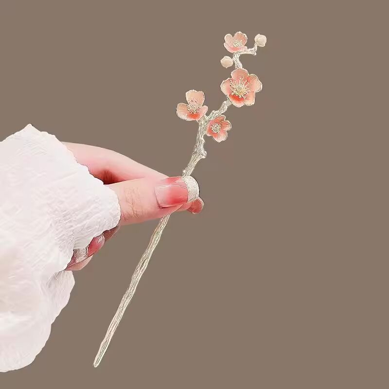 Fashion Pink Flower Hair Sticks for Women Girls Sweet Metal Dripping Oil Plum Blossom Hairpin Hanfu Headwear Hair Accessories